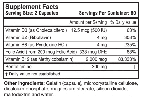 Supplement Facts: Serving Size: 2 Capsules, Servings Per Container: 60, Vitamin D3 (as Cholecalciferol) 12.5 mcg (500 IU) 63%, Vitamin B2 (Riboflavin) 4mg 308%, Vitamin B6 (as Pyridoxine HCl) 4mg 235%, Folic Acid (from 200 mcg Folic Acid) 333 mcg DFE 83%, Vitamin B12 (as Methylcobalamin) 2,000 mcg 83,333%, Benfotiamine 300mg, Other Ingredients: Gelatin (capsule), microcrystalline cellulose, dicalcium phosphate, magnesium stearate, silicon dioxide, maltodextrin and water.